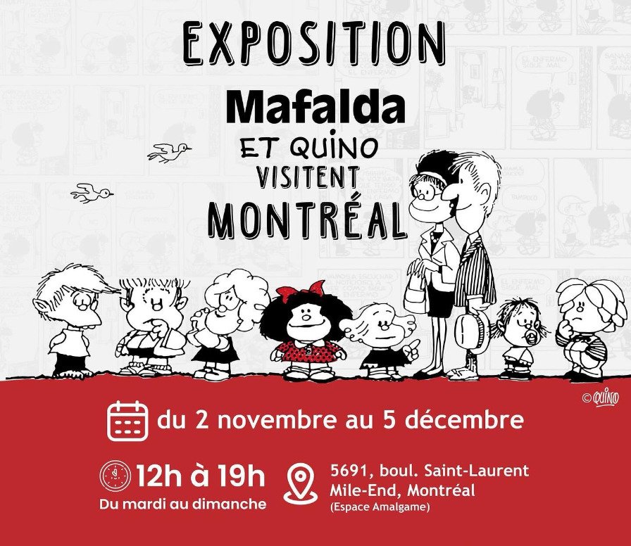 Image publicitaire de l'exposition Mafalda et Quino visitent Montréal